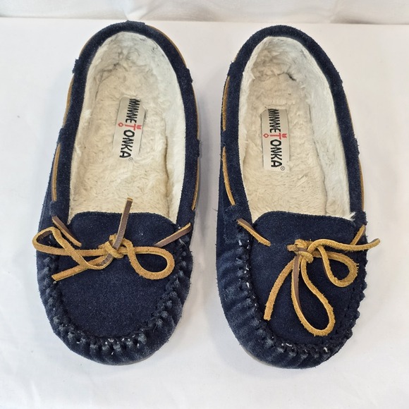 Minnetonka Cally Slipper Women's Blue Suede Moccasin Flats Shoes Size 7 Faux Fur - Picture 1 of 7